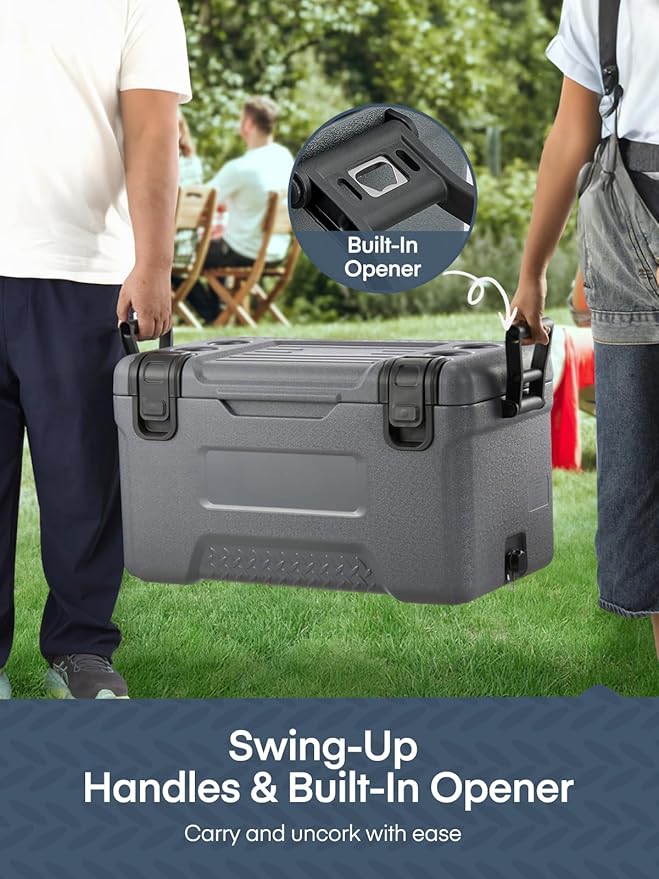Cooler, Portable Hard Cooler with Dual Latches, Insulated Ice Chest with Swing-up Side Handles, Molded Ruler＆Cup Holders, Coolers Keeps Cool for 3+ Days, Camping Fishing Road Trips Beach, 47.5 QT