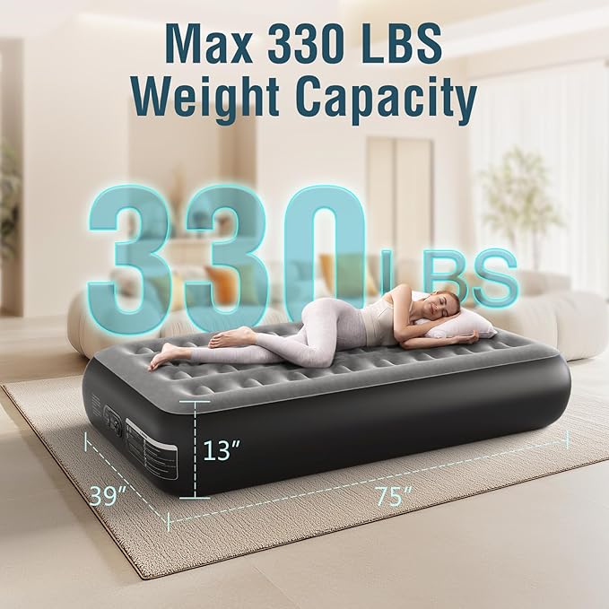 Air Mattress Twin with Built in Pump 13" Double Height Inflatable Mattress with Soft Flocked Top & Carry Bag Adjustable Blow Up Mattress Portable Air Bed for Guest Indoor Travel-Black