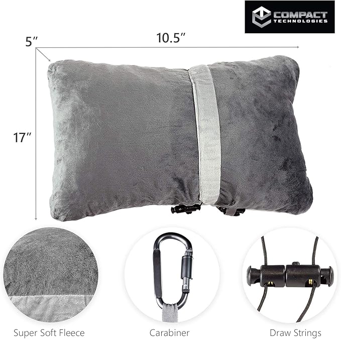 Compact Travel Pillow Made with Shredded Memory Foam and Super Soft Fleece Fabric for Ultimate Comfort in Travel. Patented Design Rolls and Compacts Small for Travel. (Grey)