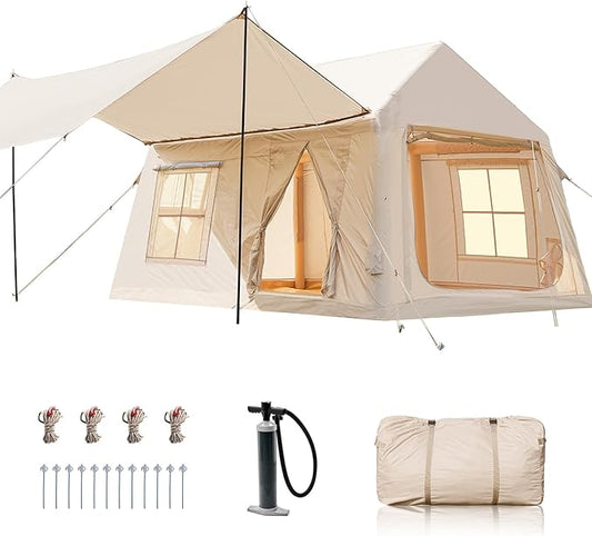 Inflatable Tents for Camping, Blow Up Tent with Hand Pump, Easy Setup Inflatable Hot Tent with Stove Jack, Waterproof Oxford Air Glamping Tents for Camping Adult 4 Person Upgrade Version