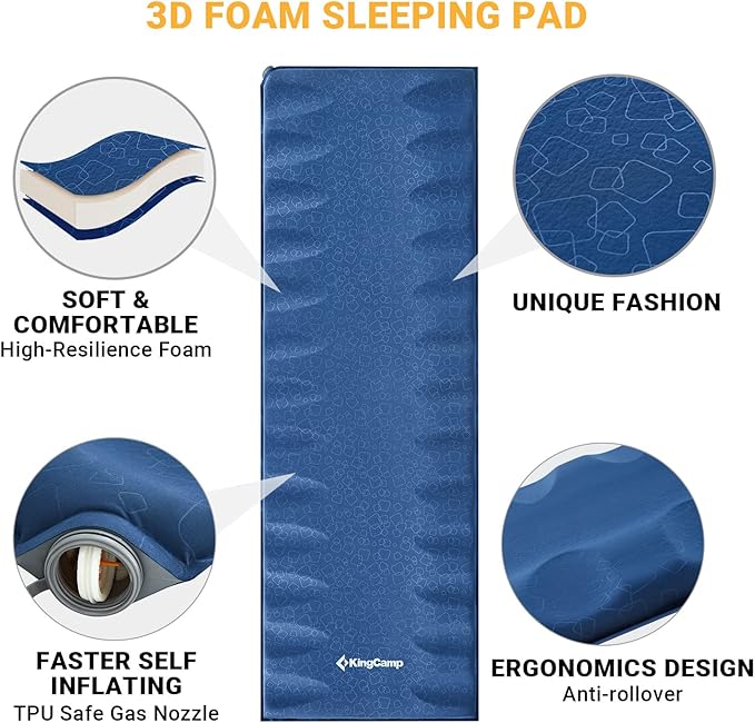 KingCamp Sleeping Pad for Camping, Rollover Prevention Self Inflating Sleeping Pad Camping Mattress Foam Mat with Butterfly Edge Cut for Outdoor & Indoor, Tent Cot Car Backpacking, PVC Free