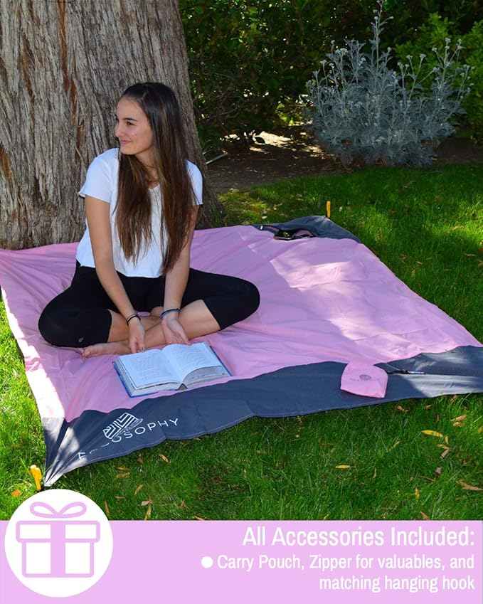 ECCOSOPHY Sand Proof Beach Blanket - 100% Waterproof Picnic Blanket 60x55 - Outdoor Compact Pocket Blanket - Lightweight Ground Cover for Hiking, Camping, Festivals, Sports, Travel- with Bag & Stakes