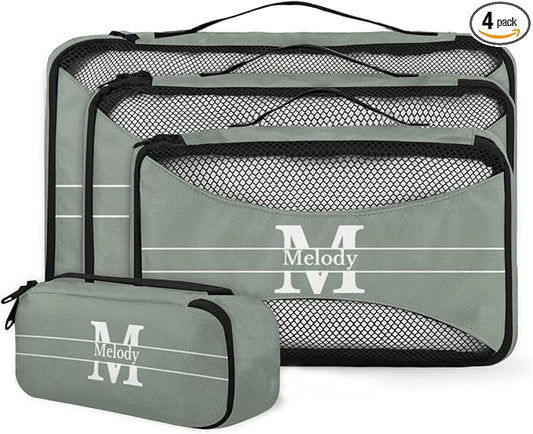 Custom Packing Cubes with Name, 4Pcs/Set Travel Luggage Packing Organizers Set for Women, Dark Matcha Green Background with Initial Name