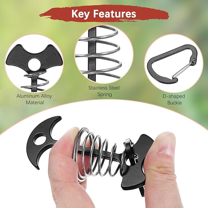 Fishbone Deck Anchor Pegs with Buckles [10PCS] - Aluminium Tent Stakes with Spring Buckle Use for Camping & Hiking - [Black] Windproof Tie Down Tent Stakes