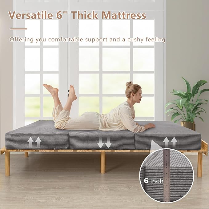 BYBYME Corduroy Tri-Folding Mattress, 6 Inch Gel Folding Mattress Topper, Foldable Soft Guest Bed Camping Pad, Washable Cover (Grey, Queen)