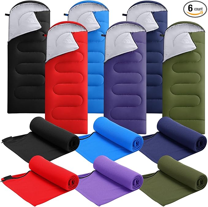 6 Pack Camping Sleeping Bags Bulk with Fleece Liner for Adults, All Season Lightweight Waterproof Sleep Bag with Compression Sack for Hiking Travel Backpacking Cold Weather Winter