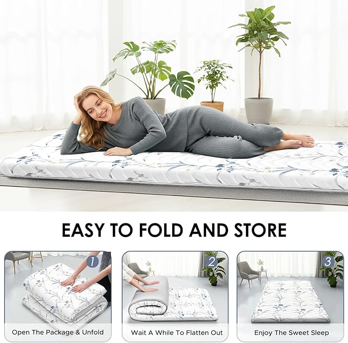 Japanese Floor Mattress, 3.5" Thicken Ink Wash Floral Pattern Portable Futon Mattress, 100% High-Density Foam Tatami Mat Sleeping Pad for Camping Guest Room Dormitory RV, White, Full