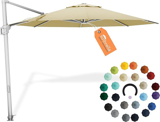 Midtown Umbrellas 10 Ft Outdoor Cantilever Patio Umbrella w/Sunbrella Antique Beige - Tilt 360° Rotate Offset Patio Umbrella, Deck Patio Umbrella, Backyard Umbrella & Garden Umbrella - Silver Frame