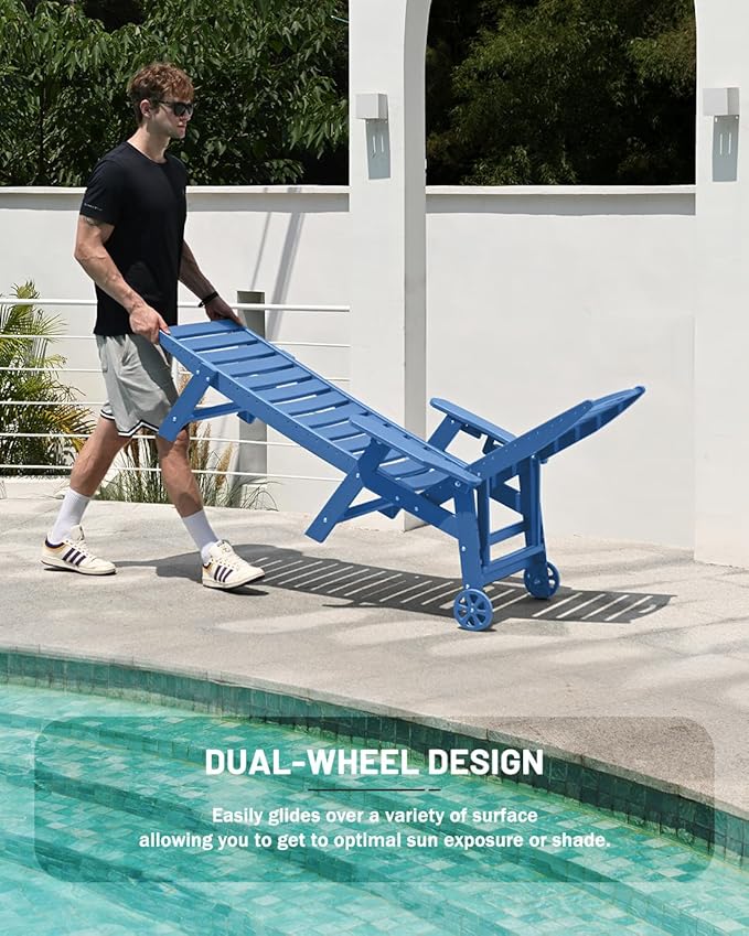 Lounge Chair Outdoor, Patio Chaise Lounge, HDPE 6-Position Outdoor Chaise Lounge, Patio Lounge Chair with Wheels & Cup Holder for Pool Poolside Deck Backyard, Navy Blue