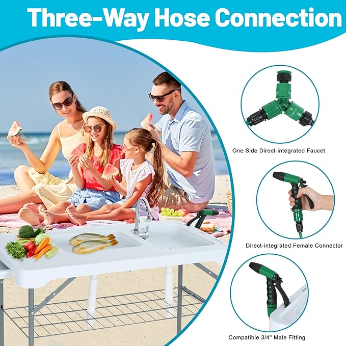 Nice C Fish Cleaning Table with Sink, Fish Skinning Table with 2 Sinks, w/Side Table, Faucet & Spray Nozzle, Toolkit, Portable Cleaning Station for Fishing, BBQ, Camping, Backyard Prep (White)