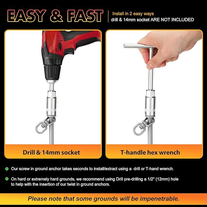 Hiboom Ground Anchor Screw Heavy Duty Earth Anchors Tent Stakes for High Wind with T Handle Hex Wrench Trampoline Hook Ground Stakes for Camping Canopies Car Ports Sheds