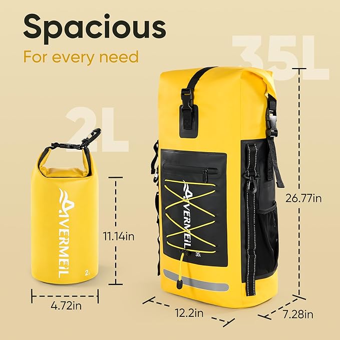 Dry Bag 35L for Men & Women Roll-Top Hiking Backpack with IPX8 Waterproof Phone Case & Detachable Mini Backpack for Kayaking Boating Cushioned Padded Back Yellow