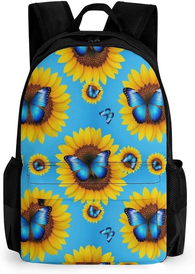 Sports Gym Outdoor Backpack Blue Monarch Butterfly Sunflower College Bookbag with Large Capacity Rucksack for Men Women