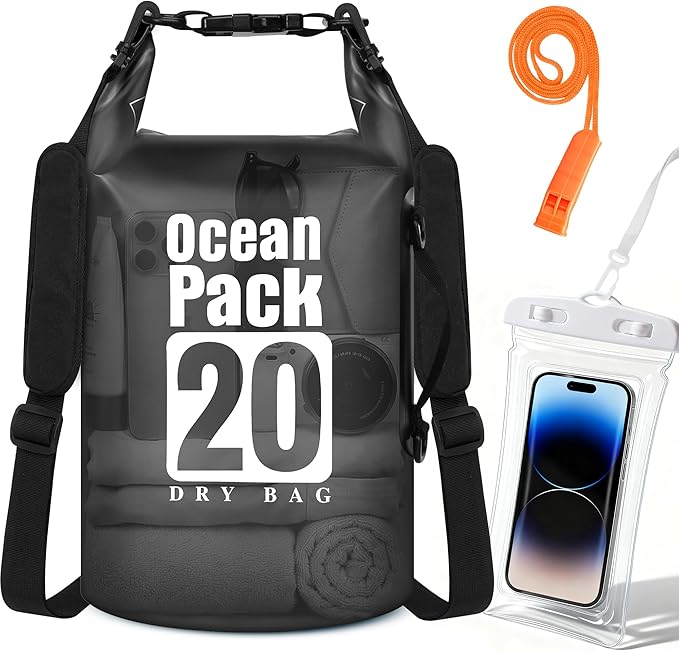 Dry Bag Waterproof, Roll Top Small Waterproof Backpack 20L, Floating Lightweight Bag with Water Proof Phone Pouch for Kayaking, Paddle Boarding, Boating, Fishing, Swimming