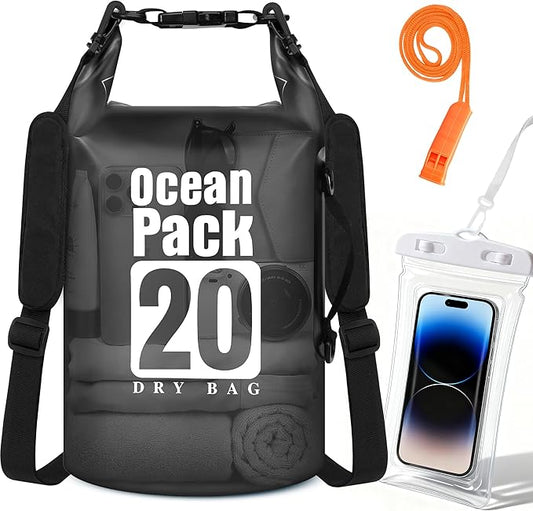 Dry Bag Waterproof, Roll Top Small Waterproof Backpack 20L, Floating Lightweight Bag with Water Proof Phone Pouch for Kayaking, Paddle Boarding, Boating, Fishing, Swimming