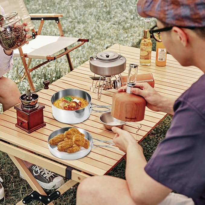 Camping Cookware Mess Kit, Backpacking Cooking Set Lightweight Stackable Pots and Pans Set Portable Tableware for Outdoor Indoors Kitchen Family Camping Travel Picnic Backpacking Hiking Fishing