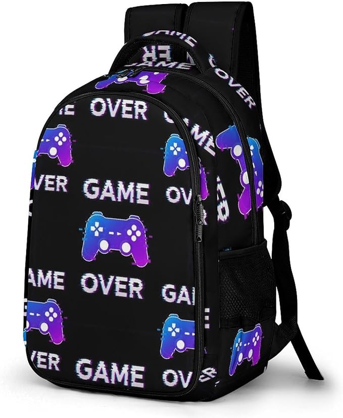 Laptop Backpack Video Games Joystick Game over, Sturdy Water Resistant College Bookbag with Water Bottle Pockets for Business Travel Commute