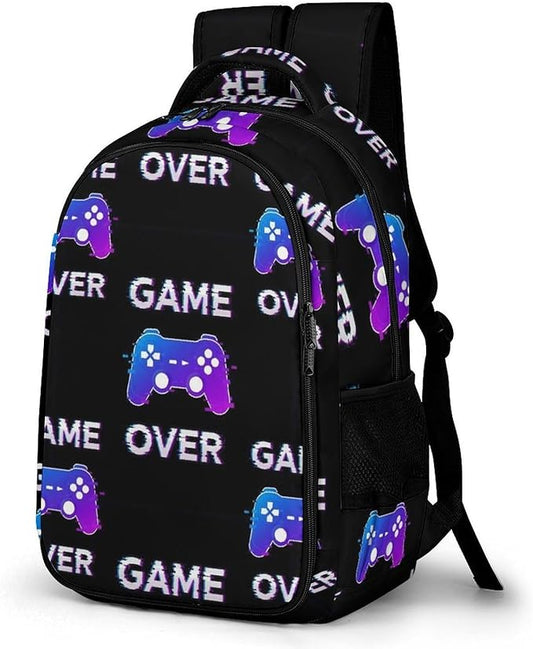 Laptop Backpack Video Games Joystick Game over, Sturdy Water Resistant College Bookbag with Water Bottle Pockets for Business Travel Commute