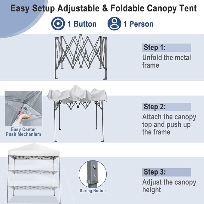 6.6 x 6.6 Ft Pop Up Canopy, 1 Person Instant Setup Canopy Tent with Push Center Lock, 8 Stakes, 4 Ropes & Carrying Bag, Portable Easy Up Gazebo Shelter for Outdoor Camp, Beach, Patio & Party