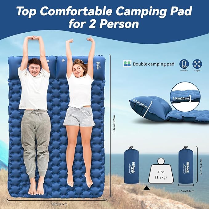 HiiPeak Sleeping Pad for Camping- Ultralight Inflatable Sleeping Mat with Built-in Foot Pump, Upgraded Durable Compact Camping Air Mattress for Tent, Backpacking, Hiking (New Blue Double)