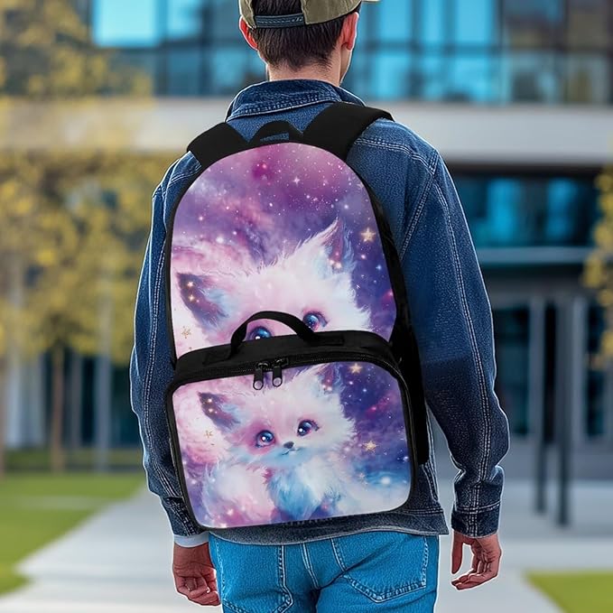 HUGS IDEA Cosmic Fox School Backpack for Girls 2 in 1 Kids Bookbag Set with Lunch Box for Preschool Kindergarten School Lightweight 17 Inch School Bag for Girls 4-6 Kids Travel Daypack