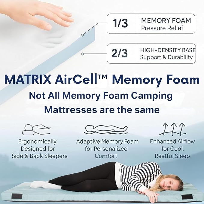 Hazli Matrix AirCell Memory Foam Camping Mattress Pad - CertiPUR-US Roll Up Mattress for Adults - Portable Foam Sleeping Mats for Camping - Camp Cot Sleeping Pad - Floor Sleep Mat Bed Roll for Car RV