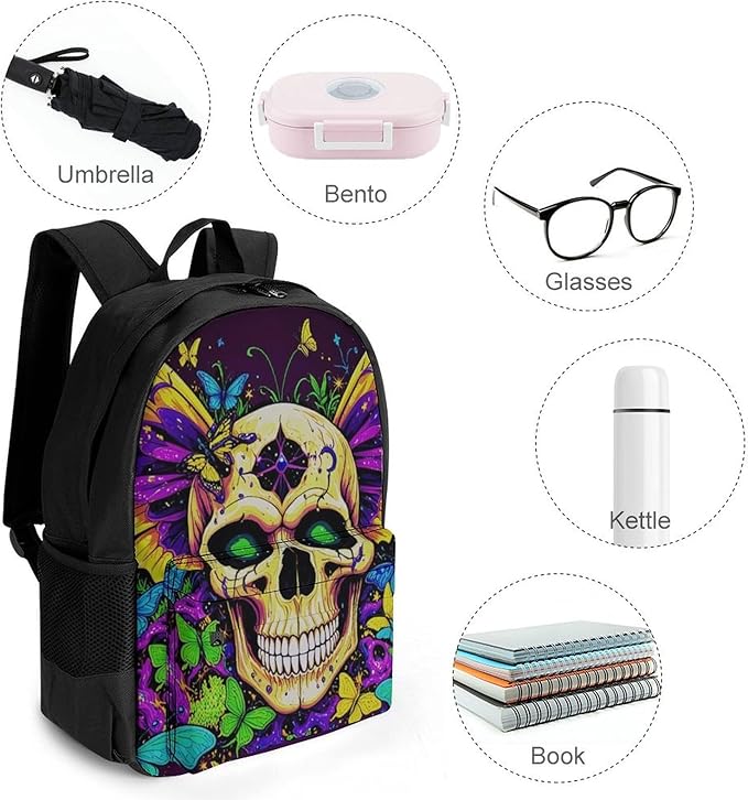 Rucksack Anti-Theft Multipurpose Large Capacity Carry On Bag, Skull And Butterflies Travel Hiking Bag Day Pack With Side Pockets