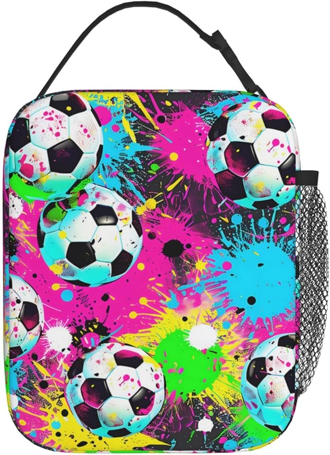 Reusable Soccer Lunch Box for Kids Girls Boys Women Adult, Insulated Sport Ball Lunch Bag,Polyester Cooler Gaming Handbags Case for School Picnic Work Travel Beach or Hiking (Colorful)