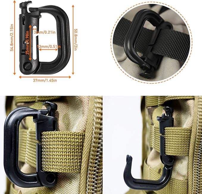 Molle Backpack Attachments Kit of 28 Accessories, D-Ring Grimloc Locking Gear Clip Web Dominator Elastic Strings Strap