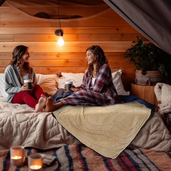 Outdoor Camping Blanket with Sherpa Lining, Extra Warm Thick Camp Blankets and Puffy Ultralight Soft Poncho DWR Camping Quilt for Cold Weather, Adventure, Sleeping, Backpacking 78"x 56"