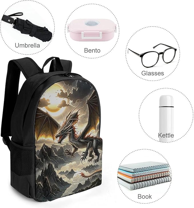 Men Women Polyester Majestic Dragon Fantasy Art Backpack Large Capacity Bookbag With Smooth Zippers for Climbing Picnic Bicycle