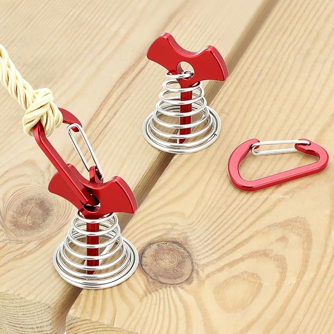QWORK 10PCS Red Deck Anchor Pegs with Carabiners, Non-Slip Stable Anchors for Tents & Canopies on Wooden Decks