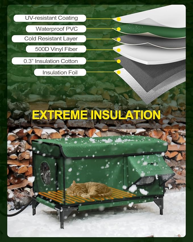 Outdoor Heated Cat House in Winter,Extremely Insulated & Weatherproof,Elevated Feral Cat Shelter with Waterproof Eaves & Escape Door for Outside Stray Barn Cat (Army Green,S)