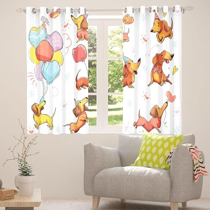 Dachshund Cute Dog Window Curtain | Holiday Party Window Treatment Curtain for Women Bedroom Decor,Colorful Balloon Curtains Kids Cartoon Living Room Top 2 Panels,52Wx90L