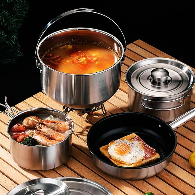 Jorunhe 7PCS Camping Cooking Set,Camping Cookware Mess Kit,304 Stainless Steel Camping Cookware with Travel Tote Bag for Camping Outdoor Cooking & Picnic,RVs