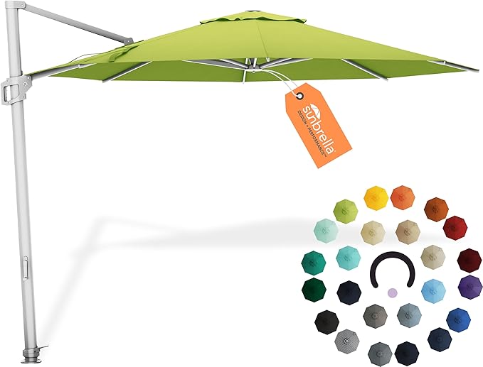 Midtown Umbrellas 10 Ft Outdoor Cantilever Patio Umbrella w/Sunbrella Macaw Fabric - Tilt 360° Rotate Offset Patio Umbrella, Deck Patio Umbrella, Backyard Umbrella & Garden Umbrella - Silver Frame