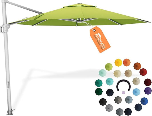 Midtown Umbrellas 10 Ft Outdoor Cantilever Patio Umbrella w/Sunbrella Macaw Fabric - Tilt 360° Rotate Offset Patio Umbrella, Deck Patio Umbrella, Backyard Umbrella & Garden Umbrella - Silver Frame