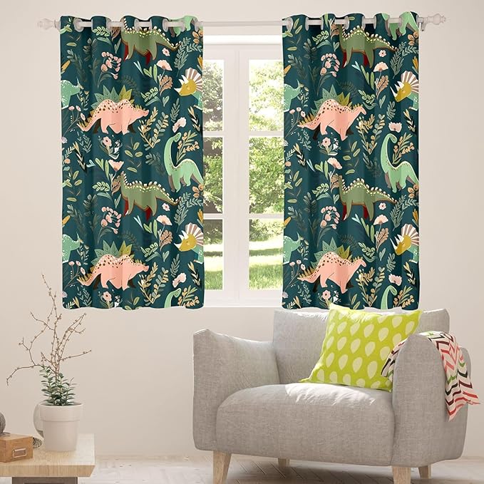 Green Dinosaurs Window Curtain | Tropical Palm Leaf Blackout Curtain,Teens Woman Men Cartoon Dinosaur Bedroom Curtains Colorful Floral Living Room Decor Top 2 Panels,52Wx96L