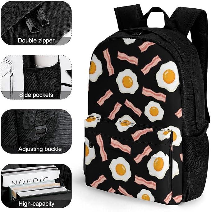 Rucksacks Lightweight Multipurpose Anti-Theft Funny Fried Egg And Bacon Black Shoulder Bag Large Capacity Business Computer Bag With Smooth Zippers