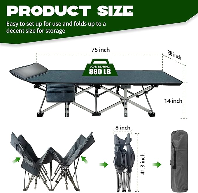 NAIZEA Folding Camping Cots for Adults, Portable Cot with Mattress Heavy Duty Outdoor Bed with Carry Bag 1200d Oxford Cloth Sleeping Cots for Camping Office Nap Home Guest Beach Travel