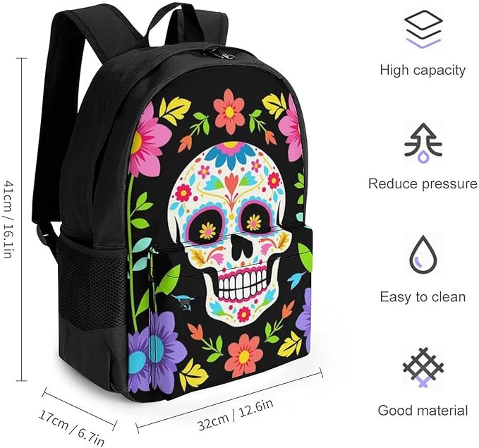 Men Women Lightweight Mexican Day Of Dead Flower Traditional Sugar Skull Casual Daypack Large Capacity Bookbag With Adjustable Shoulder Straps for Gym Business Bicycle
