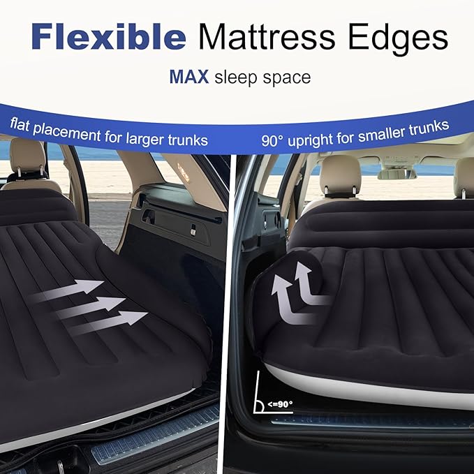 SUV Air Mattress, Double-Sided Thick Flocked Car Air Mattress with Built-in Pump & Pillow, Complete Sleeping Accessories for Auto Camping & Road Trips（Blue Black）