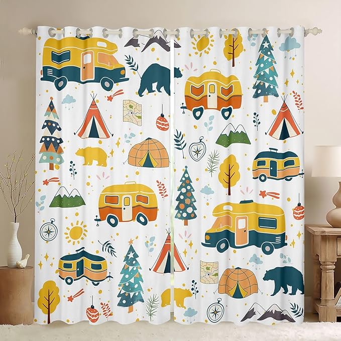 jejeloiu RV Camping Curtains for Bedroom Living Room Tent Mountain Tree Blackout Darkening Drapes Cartoon Camping Car Window Treatments, 2 Panels 42 x 90 Inch Cartoon Animal Room Decor