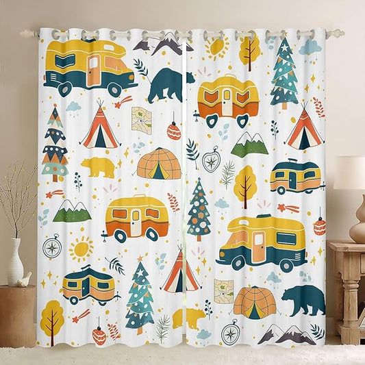 jejeloiu RV Camping Curtains for Bedroom Living Room Tent Mountain Tree Blackout Darkening Drapes Cartoon Camping Car Window Treatments, 2 Panels 42 x 90 Inch Cartoon Animal Room Decor