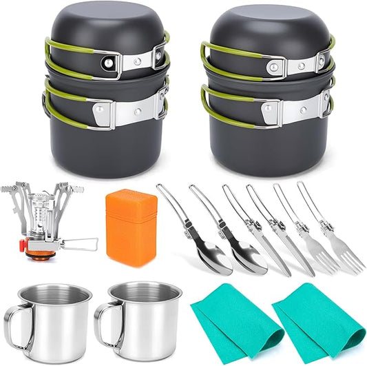 Camping Cookware Set, 16pcs Lightweight Backpacking Mess Kit with Camping Pots and Pans, 2 Cups, Fork Spoon, Survival Cooking Kit for Outdoor Hiking and Picnic