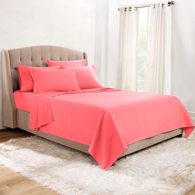 Clara Clark Full Sheets, 6 Piece Set - Hotel Luxury Bed Sheets, Super Soft Bedding Set, Full Size, Coral Pink