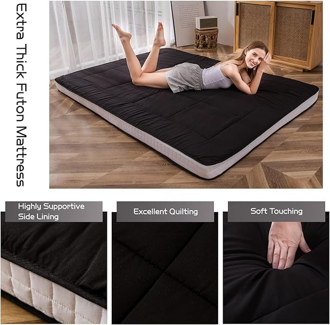 MAXYOYO Twin Bed Mattress Japanese Futon, Pad Camping Mattress Floor Bed Mattress Topper, Easy to Foldable and Portable, Black Futon Single Mattress