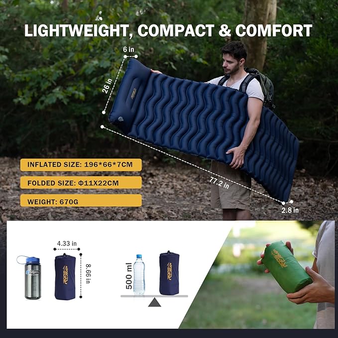 Ultralight Sleeping Pad with Pillow– Inflatable Camping Mat for Backpacking, Traveling and Hiking, Compact and Portable (Green)