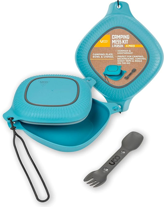 UCO 4-Piece Camping Mess Kit with Bowl, Plate and 3-in-1 Spork Utensil Set