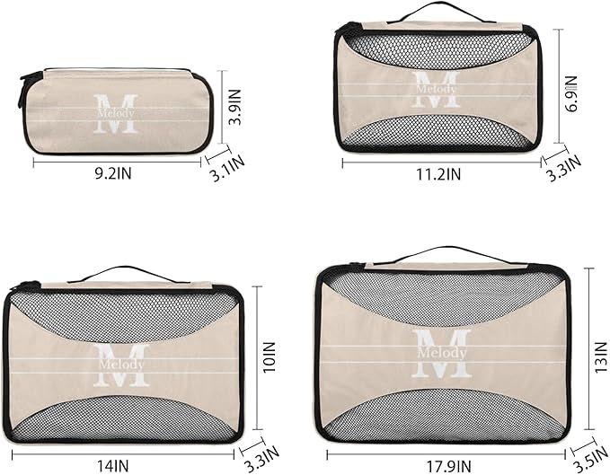 Personalized Compression Packing Cubes with Name Initial Letter, Beige Color 4 Set Mesh Travel Organizer Bags for Carry on, Luggage, Suitcase